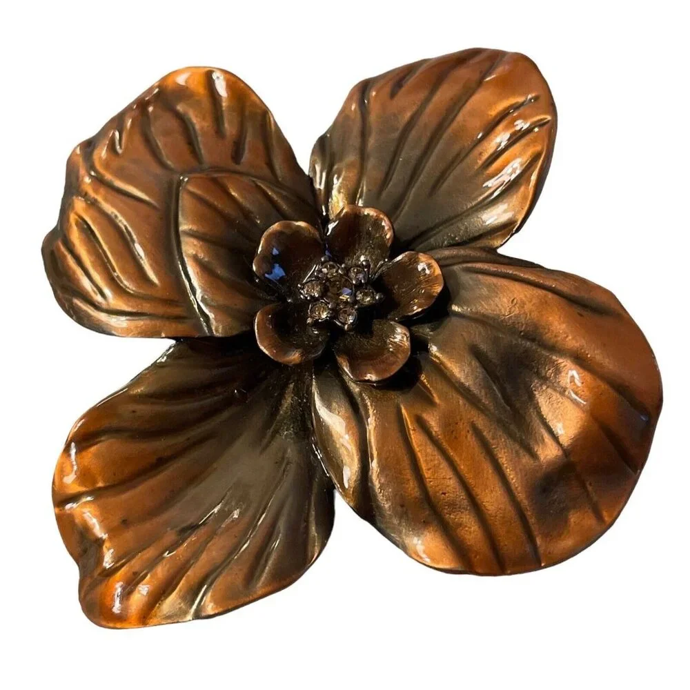 VTG Erwin Pearl Rhinestone Layered Petal‎ Flower Copper Color Enamel Brooch Pin
